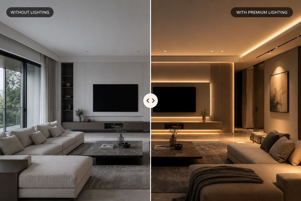Before and after Aarvi Lighting transformation